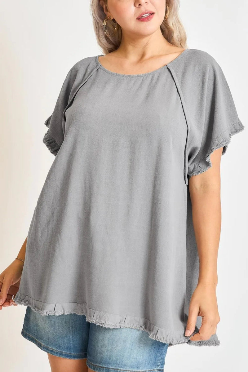 Umgee Full Size Seam Detail Linen Ruffle Fringe Edge Top Plus Size - Love Salve